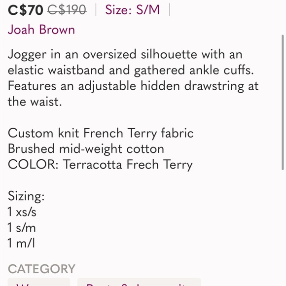 Joah Brown Oversizeded Sweatpants in Terracotta SZ S/M - Picture 3 of 4